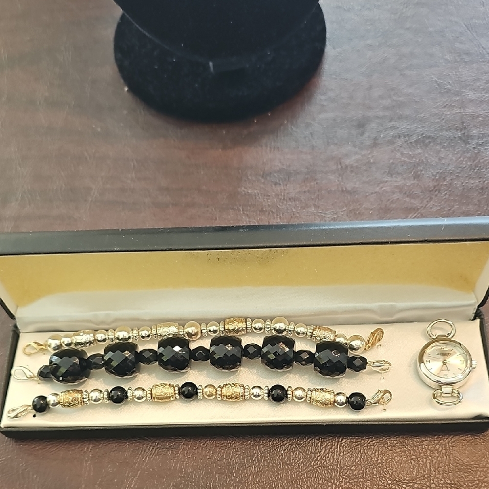 New Accessory Crossing Boxed Black Silver  Bracelet Watch Set Gift Beaded
